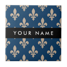 Fleur de Lis, Beige on Navy Blue, Royal, Your Name Kakelplatta