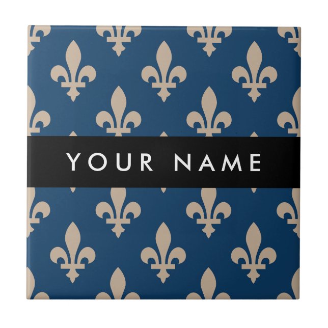 Fleur de Lis, Beige on Navy Blue, Royal, Your Name Kakelplatta (Framsidan)