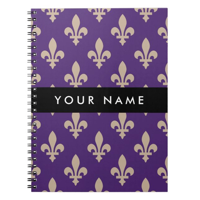 Fleur de Lis, Beige on Purple, Royal, Your Name Anteckningsbok (Framsidan)
