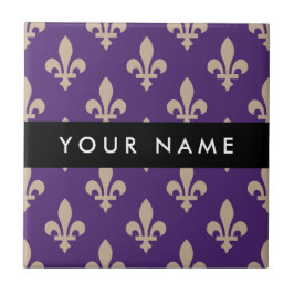 Fleur de Lis, Beige on Purple, Royal, Your Name Kakelplatta