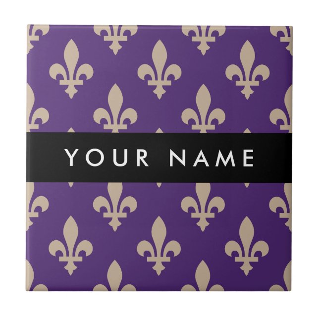 Fleur de Lis, Beige on Purple, Royal, Your Name Kakelplatta (Framsidan)