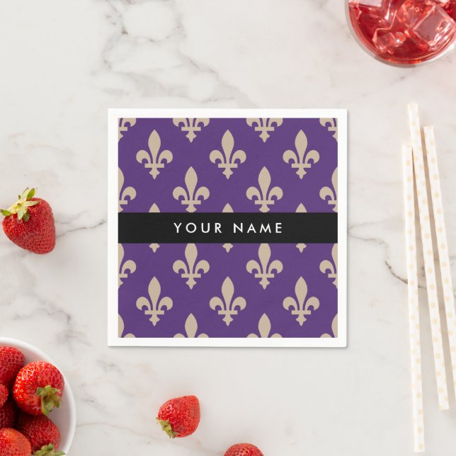 Fleur de Lis, Beige on Purple, Royal, Your Name Pappersservett (Insitu)