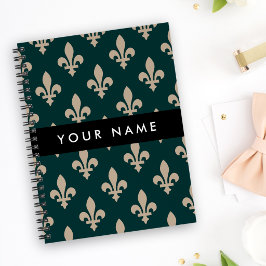 Fleur de Lis, Beige på Grön, Kunglig, Ditt Namn Anteckningsbok