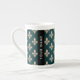 Fleur de Lis, Beige på Grön, Kunglig, Ditt Namn Benporslin Mugg