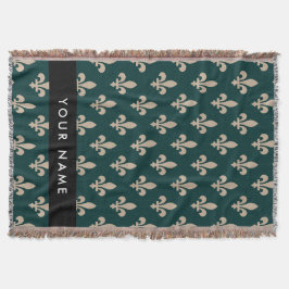 Fleur de Lis, Beige på Grön, Kunglig, Ditt Namn Filt