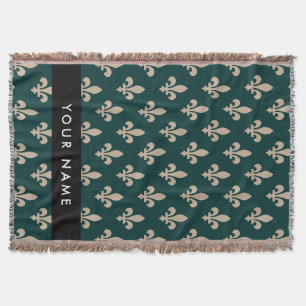 Fleur de Lis, Beige på Grön, Kunglig, Ditt Namn Filt