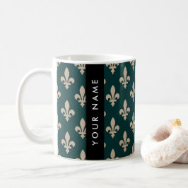 Fleur de Lis, Beige på Grön, Kunglig, Ditt Namn Kaffemugg