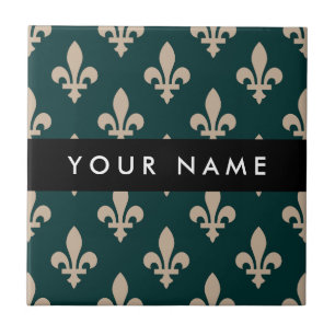 Fleur de Lis, Beige på Grön, Kunglig, Ditt Namn Kakelplatta
