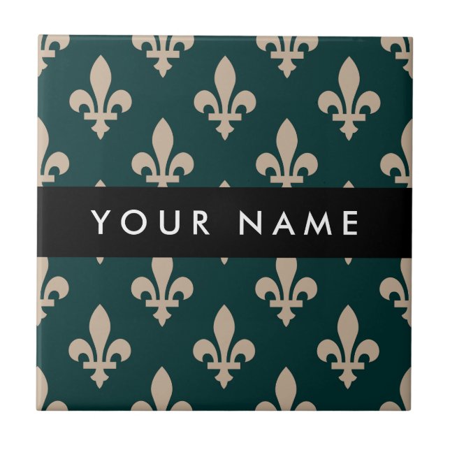 Fleur de Lis, Beige på Grön, Kunglig, Ditt Namn Kakelplatta (Framsidan)