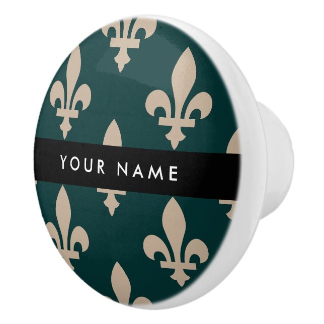 Fleur de Lis, Beige på Grön, Kunglig, Ditt Namn Knopp (Höger)