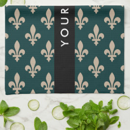 Fleur de Lis, Beige på Grön, Kunglig, Ditt Namn Kökshandduk