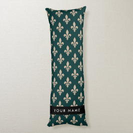 Fleur de Lis, Beige på Grön, Kunglig, Ditt Namn Kroppskudde