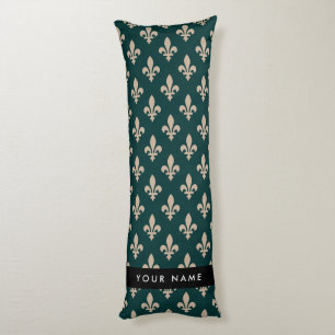 Fleur de Lis, Beige på Grön, Kunglig, Ditt Namn Kroppskudde
