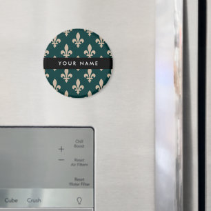 Fleur de Lis, Beige på Grön, Kunglig, Ditt Namn Magnet