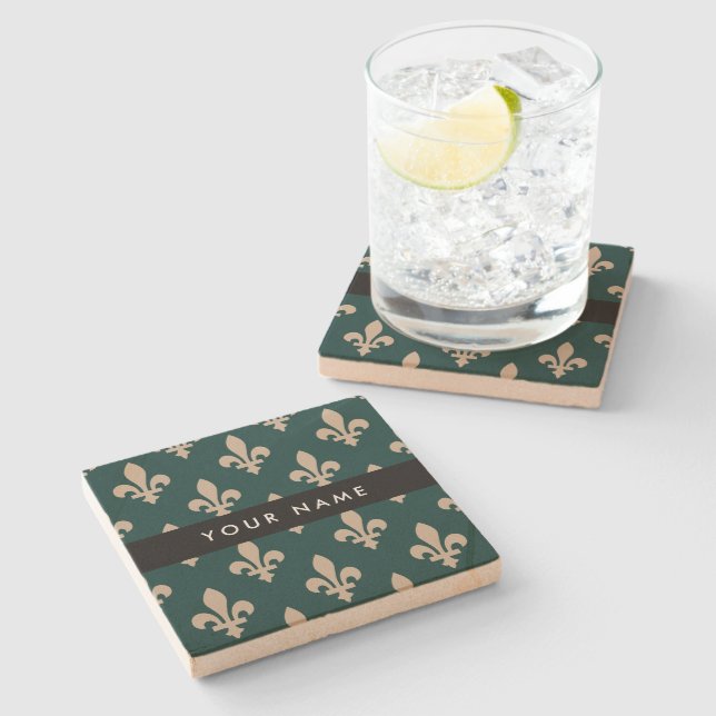 Fleur de Lis, Beige på Grön, Kunglig, Ditt Namn Stenunderlägg (Sidan)