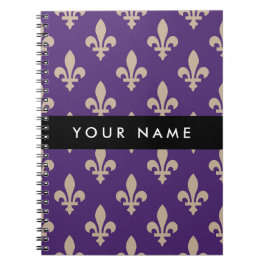 Fleur de Lis, Beige på Lila, Kunglig, Ditt Namn Anteckningsbok