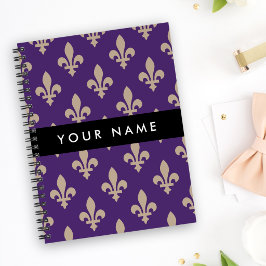 Fleur de Lis, Beige på Lila, Kunglig, Ditt Namn Anteckningsbok