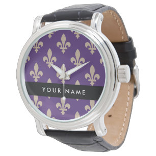 Fleur de Lis, Beige på Lila, Kunglig, Ditt Namn Armbandsur
