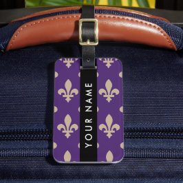 Fleur de Lis, Beige på Lila, Kunglig, Ditt Namn Bagagebricka