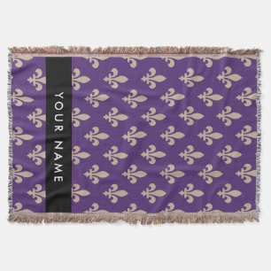 Fleur de Lis, Beige på Lila, Kunglig, Ditt Namn Filt