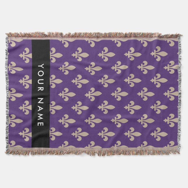 Fleur de Lis, Beige på Lila, Kunglig, Ditt Namn Filt (Framsidan)