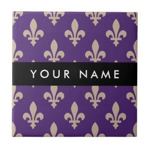 Fleur de Lis, Beige på Lila, Kunglig, Ditt Namn Kakelplatta