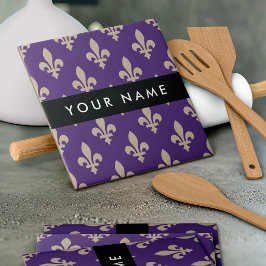 Fleur de Lis, Beige på Lila, Kunglig, Ditt Namn Kakelplatta
