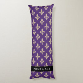 Fleur de Lis, Beige på Lila, Kunglig, Ditt Namn Kroppskudde