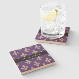 Fleur de Lis, Beige på Lila, Kunglig, Ditt Namn Stenunderlägg