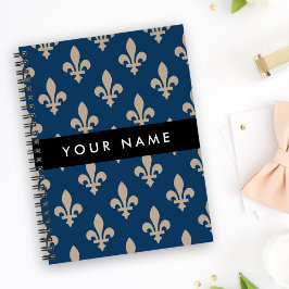 Fleur de Lis, Beige på marinblå, kunglig, Ditt nam Anteckningsbok