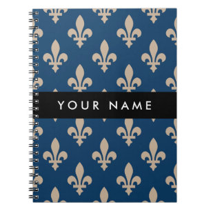 Fleur de Lis, Beige på marinblå, kunglig, Ditt nam Anteckningsbok