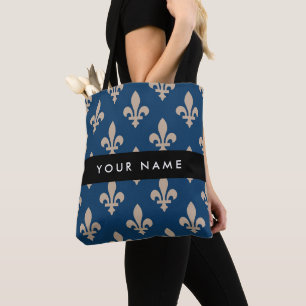 Fleur de Lis, Beige på marinblå, kunglig, Ditt nam Tygkasse