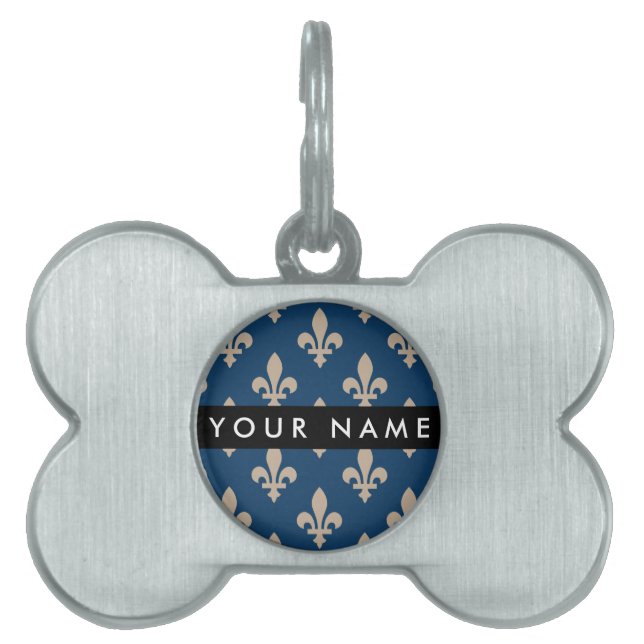 Fleur de Lis, Beige på Navy Blue, Kunglig, Ditt Na ID-bricka Husdjur (Framsidan)