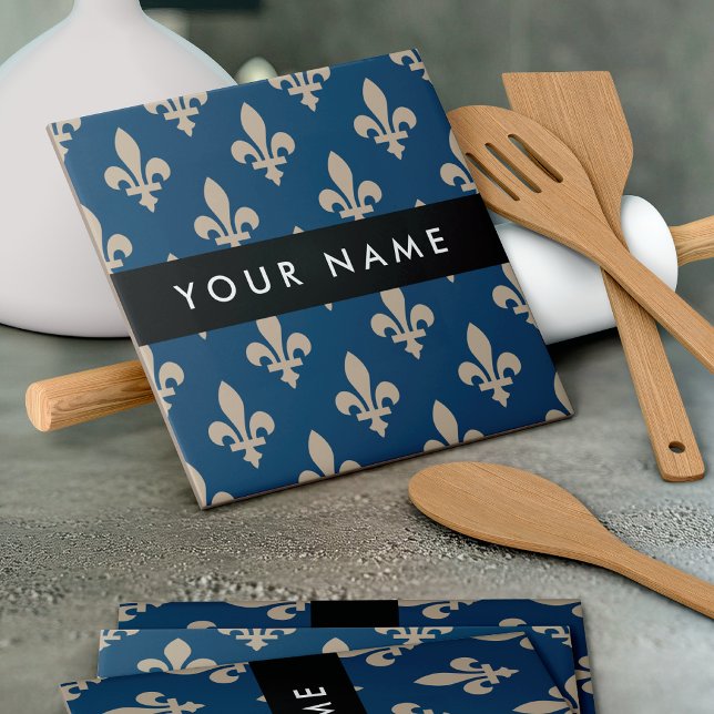 Fleur de Lis, Beige på Navy Blue, Kunglig, Ditt Na Kakelplatta (Skapare uppladdad)