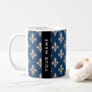 Fleur de Lis, Beige på Navy Blue, Royal, Ditt Namn Kaffemugg
