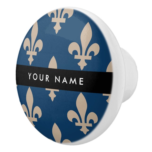 Fleur de Lis, Beige på Navy Blue, Royal, Ditt Namn Knopp (Höger)