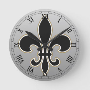 Fleur de Lis Black with White and Gold Rund Klocka