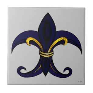 Fleur de lis blått/guld kakelplatta
