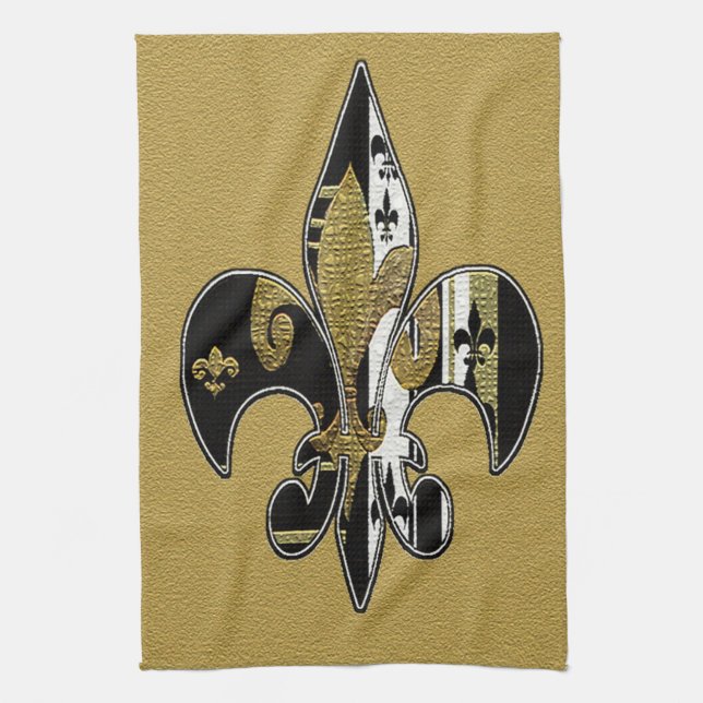 Fleur de lis bling svart, vit och guld handduk kökshandduk (Vertikal)