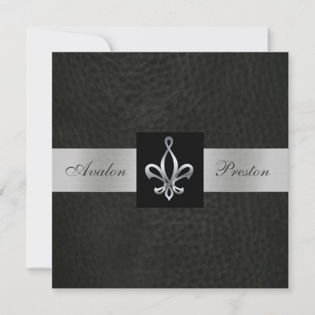 Fleur De Lis Blk Faux Leather Monogram-inbjudan Inbjudningar (Framsida)