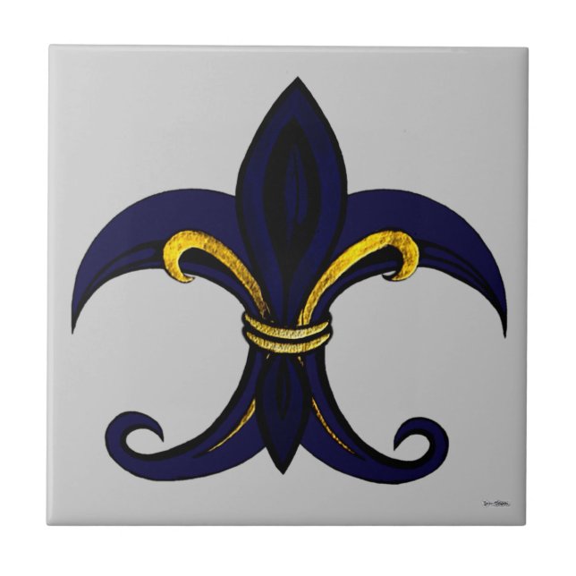 Fleur de lis blue/guld kakelplatta (Framsidan)