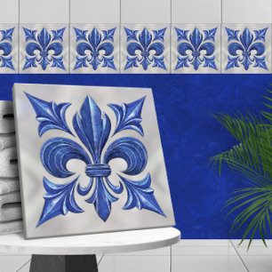 Fleur-De-Lis Blue Marble and pearl Kakelplatta