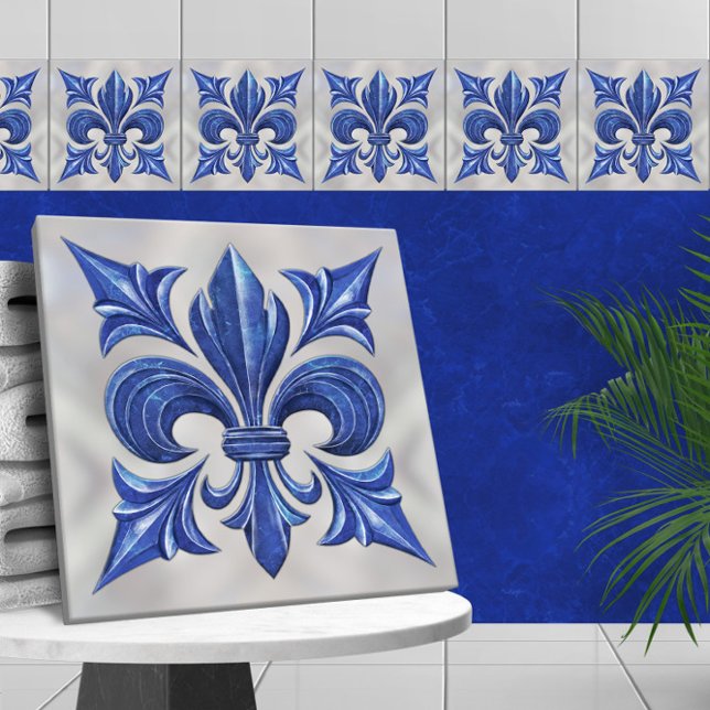 Fleur-De-Lis Blue Marble and pearl Kakelplatta (Skapare uppladdad)