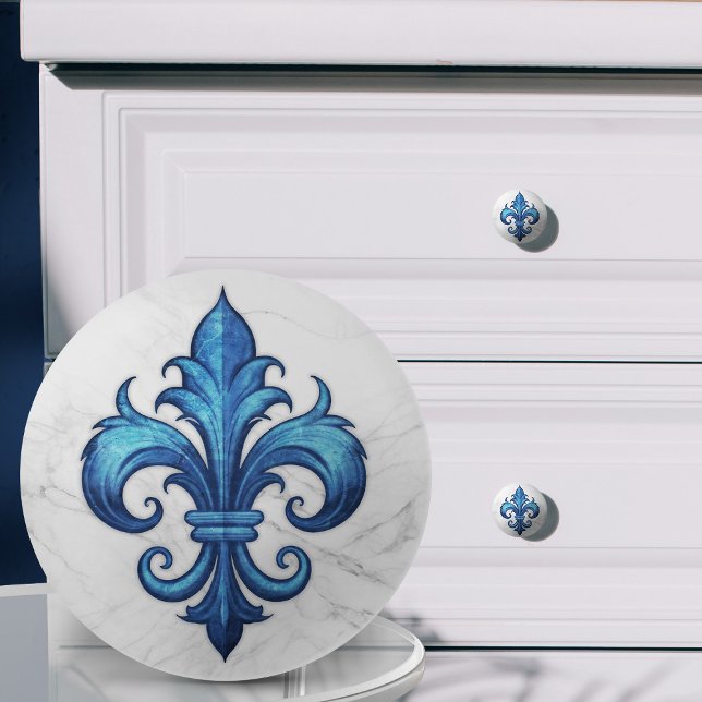 Fleur-De-Lis Blue och white marble Knopp (Skapare uppladdad)