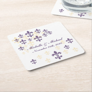 Fleur de Lis Cascade Lila Gult Underlägg Papper Kvadrat