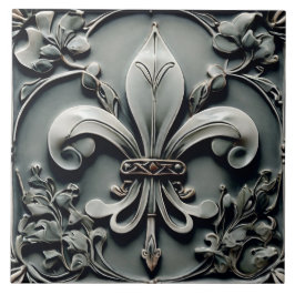 Fleur de Lis Charcol Grått Mörk Grått Faux Relief Kakelplatta