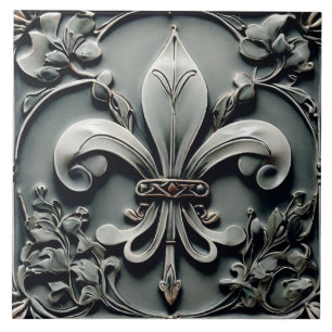 Fleur de Lis Charcol Grått Mörk Grått Faux Relief Kakelplatta
