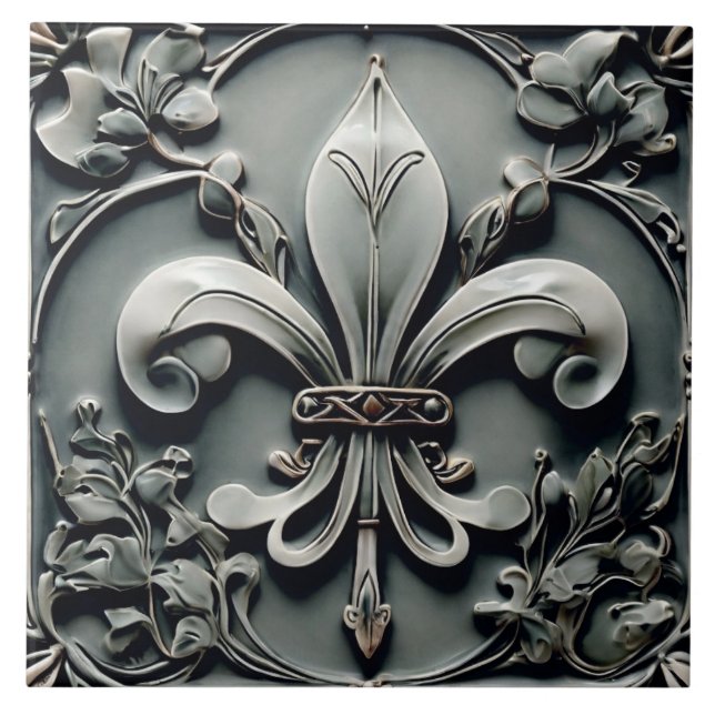 Fleur de Lis Charcol Grått Mörk Grått Faux Relief Kakelplatta (Framsidan)