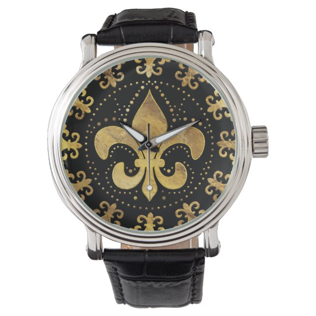 Fleur-de-lis - cirkulär ornament - Guld och svart Armbandsur (Framsida)