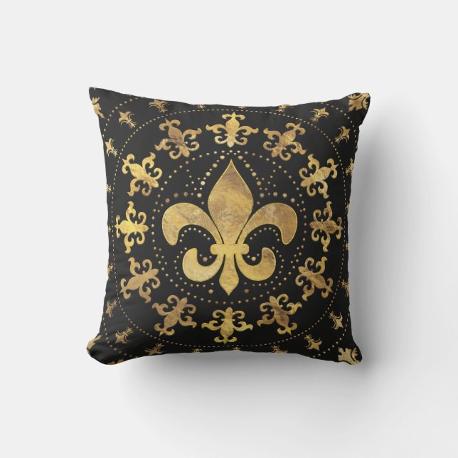 Fleur-de-lis - cirkulär ornament - Guld och svart Kudde (Framsida)
